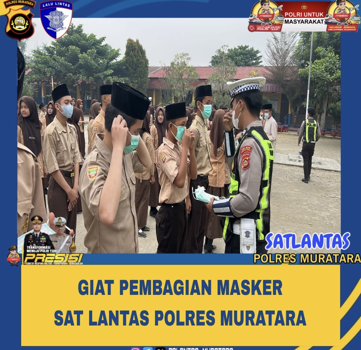 Peduli Kesehatan Pelajar, Satlantas Polres Muratara Bagikan Masker di Depan SMA Negeri 1 Muara Rupit