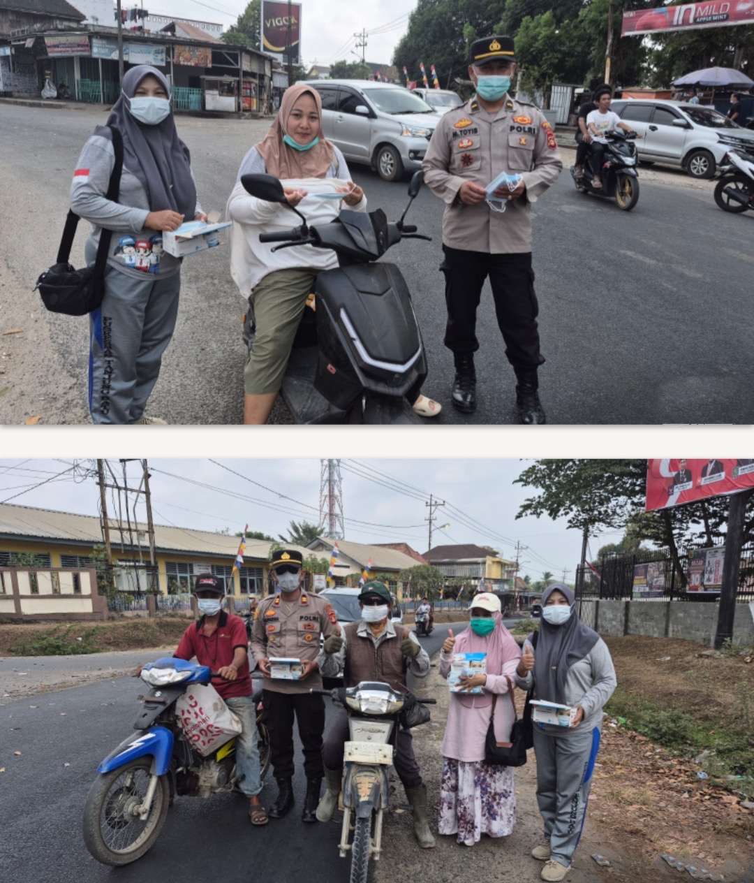 Peduli Kesehatan Warga, Polsek Tanjung Batu Polres Ogan ilir Bersama Puskesmas Bagikan Masker kepada Pengguna Jalan