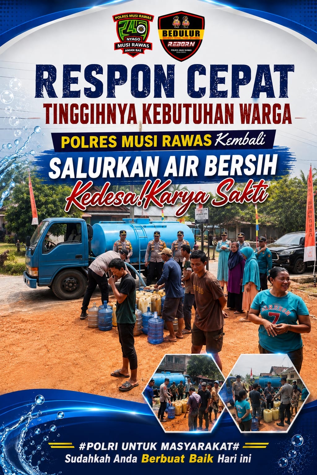 Respon Cepat Atasi Kebutuhan Warga,Polres Musi Rawas Kembali Salurkan Air Bersih untuk Warga Desa Karya Sakti yang Terdampak Kekeringan