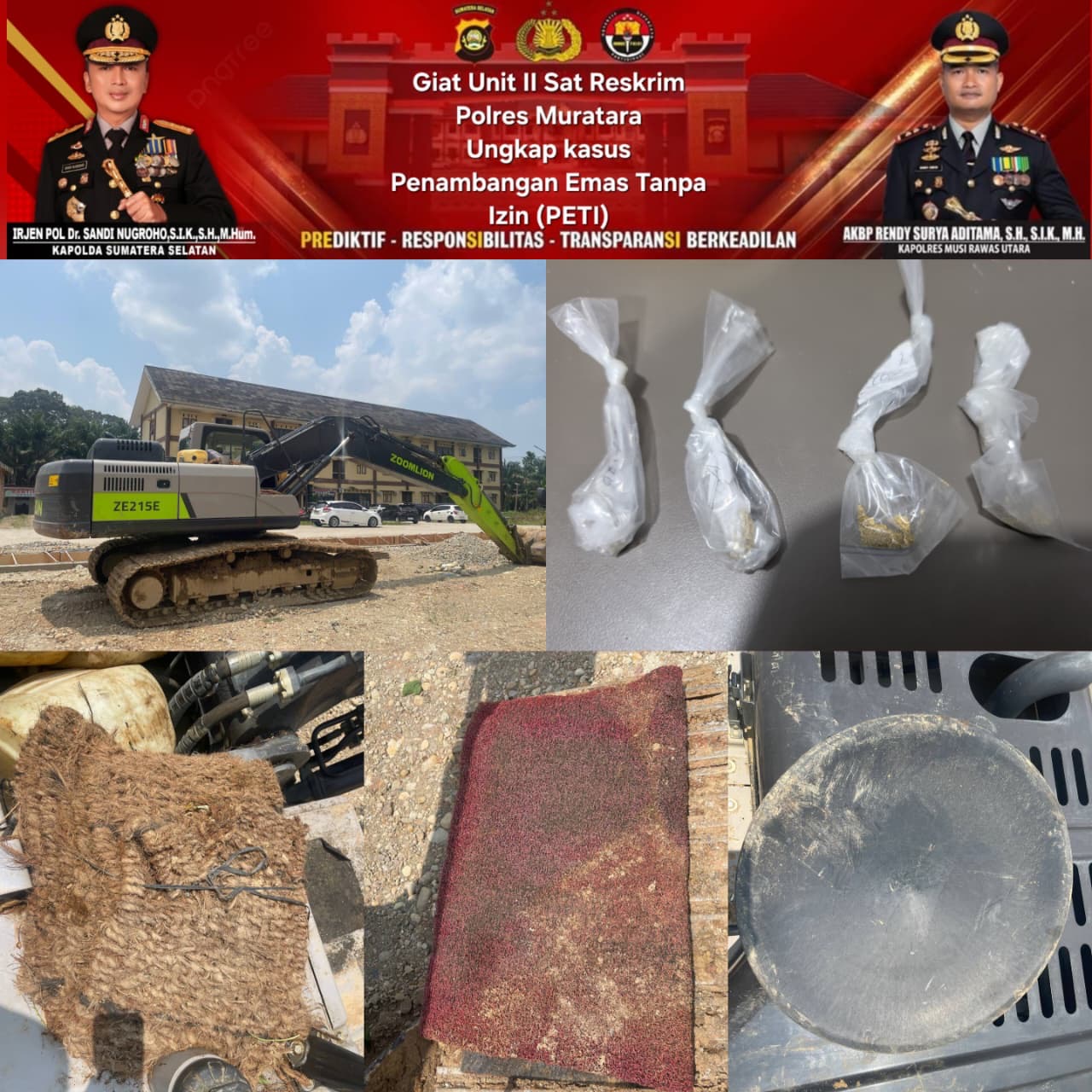 Polres Muratara Tindak Dugaan PETI di Rawas Ulu, Tiga Orang Diamankan Bersama Excavator dan Serpihan Emas 6,41 Gram