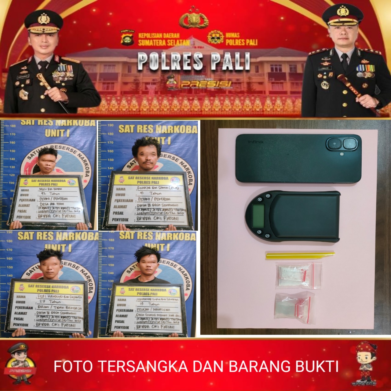 Satresnarkoba Polres PALI Ringkus Empat Terduga Pengedar Sabu di Gudang Desa Semangus, Amankan 3,10 Gram Barang Bukti