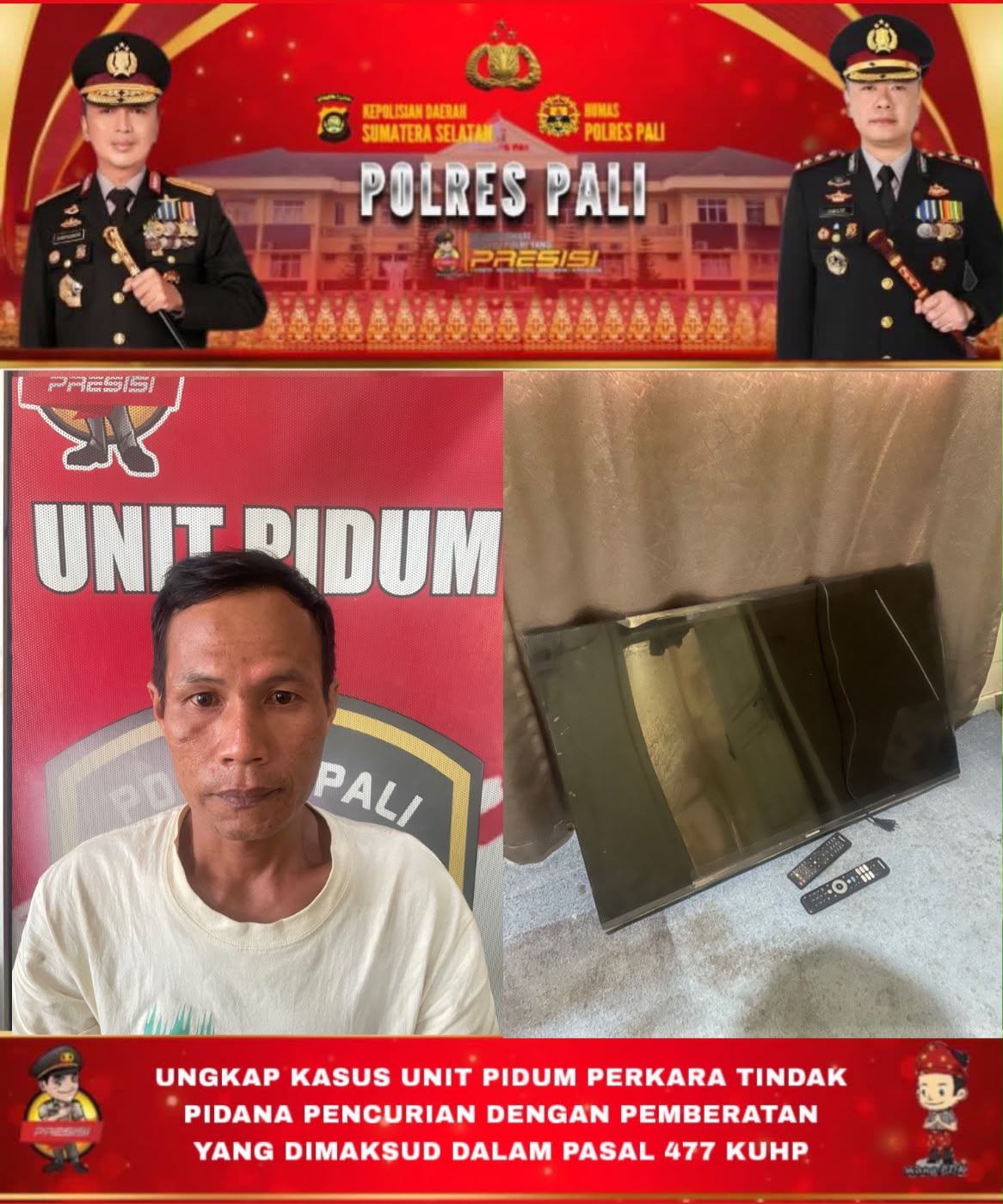 Terungkap, Polres PALI Amankan Pelaku Pencurian TV dari Rumah Kebun di Benuang