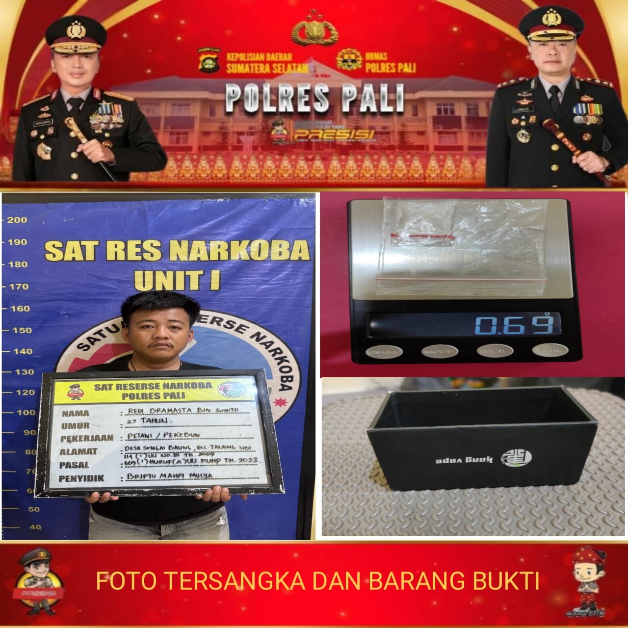 Satresnarkoba Polres PALI Amankan Pria Diduga Pengedar Sabu, Barang Bukti 0,69 Gram Disita
