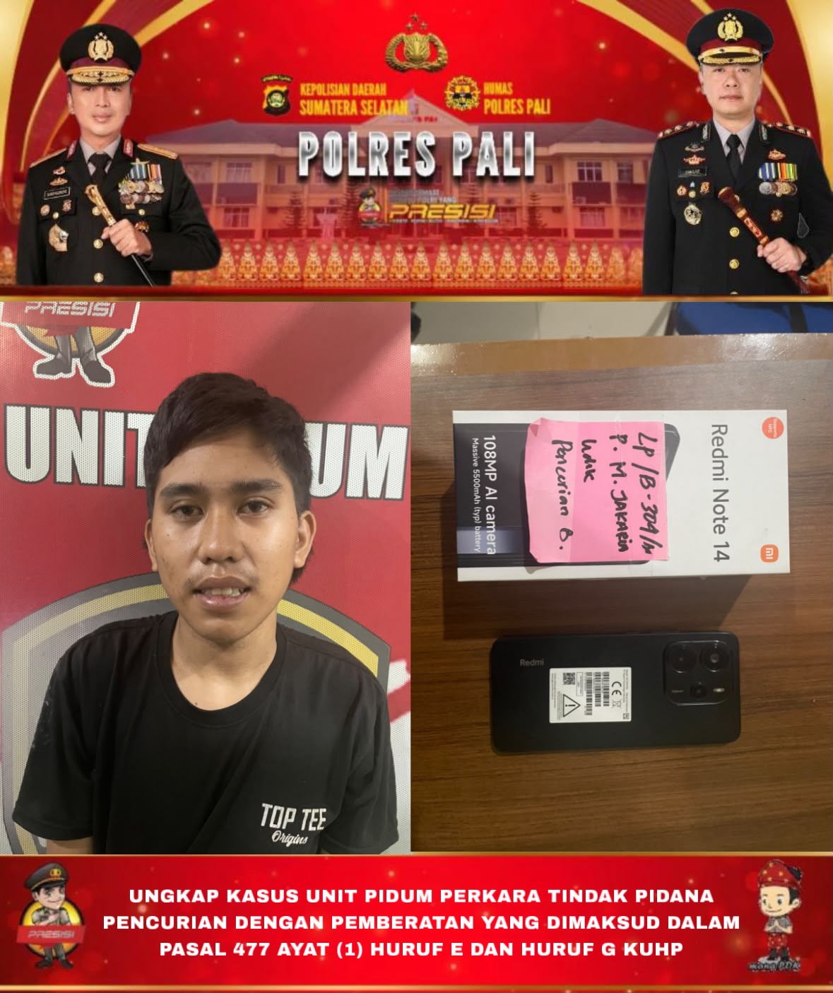 Satreskrim Polres PALI Amankan Remaja Diduga Terlibat Pencurian Dua Handphone di Talang Ubi