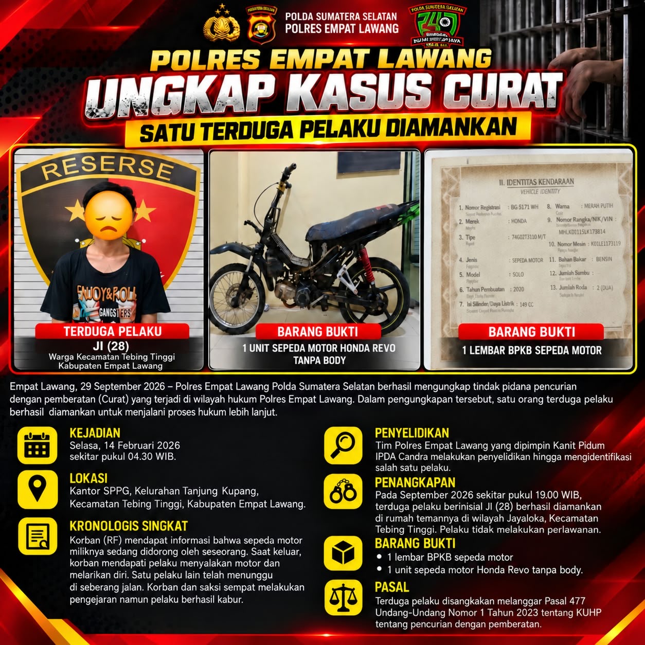 Polres Empat Lawang Ungkap Curanmor di Kantor SPPG, Satu Terduga Pelaku Diamankan