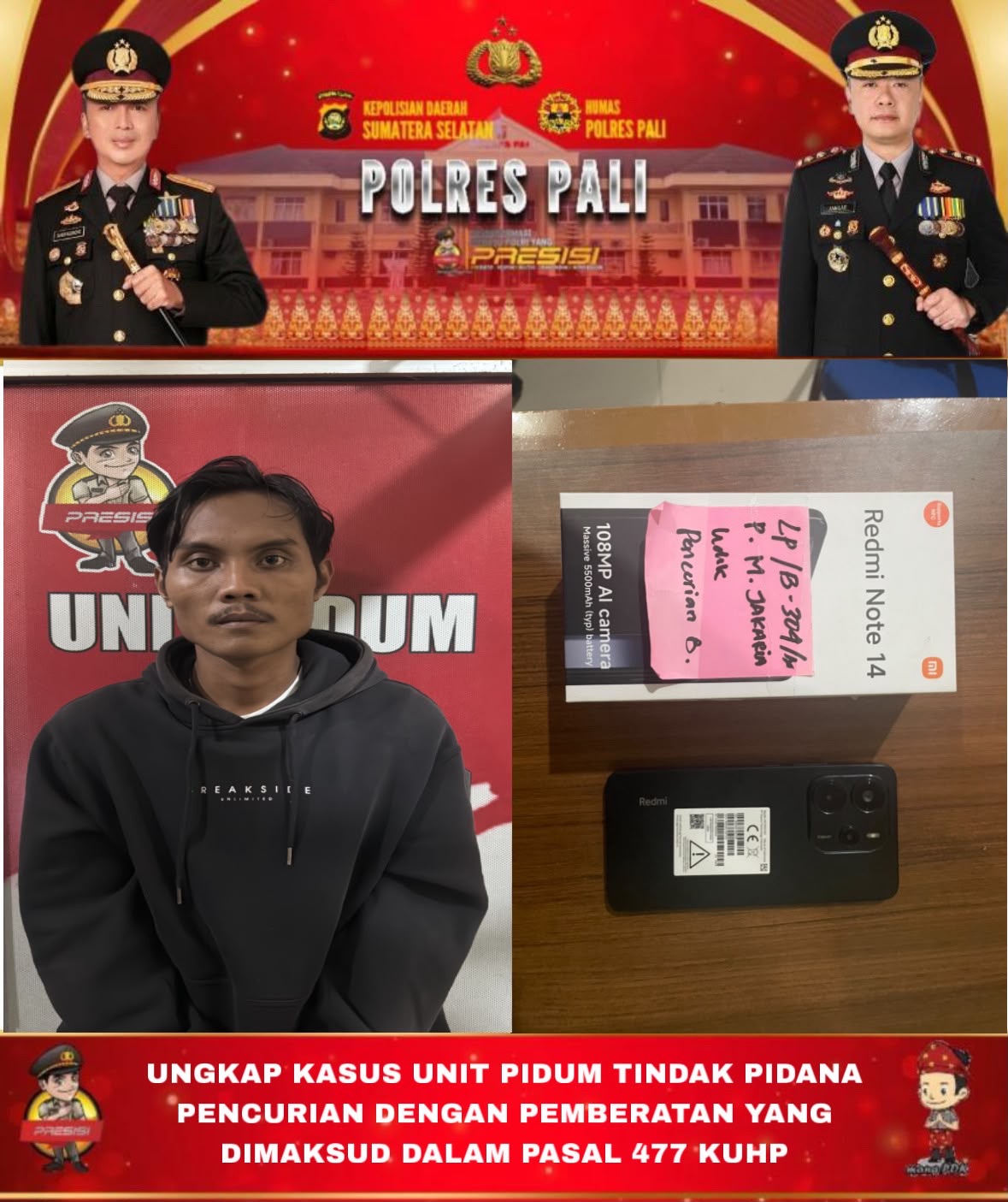 Operasi Sikat Musi 2026, Satreskrim Polres PALI Amankan Terduga Pelaku Pencurian Dua Handphone