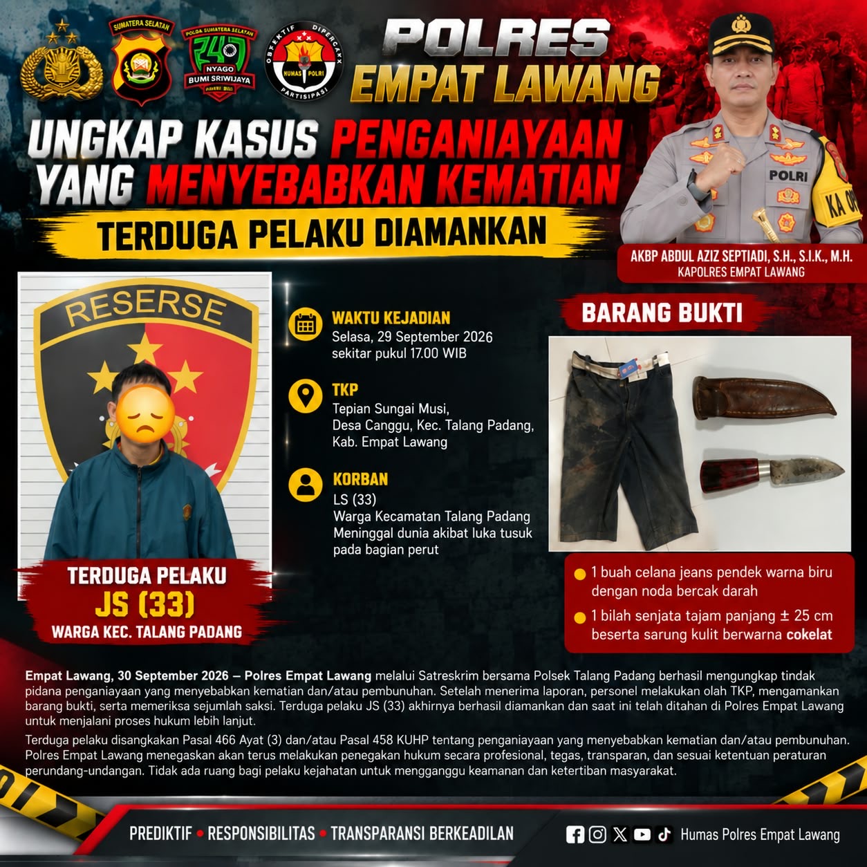 Polres Empat Lawang Ungkap Kasus Penganiayaan Berujung Maut, Terduga Pelaku Diamankan di Pondok Kebun