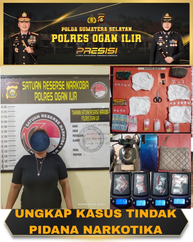 Polres Ogan Ilir Ringkus Ibu Rumah Tangga Terduga Pengedar Sabu di Gubuk Kebun Karet Betung