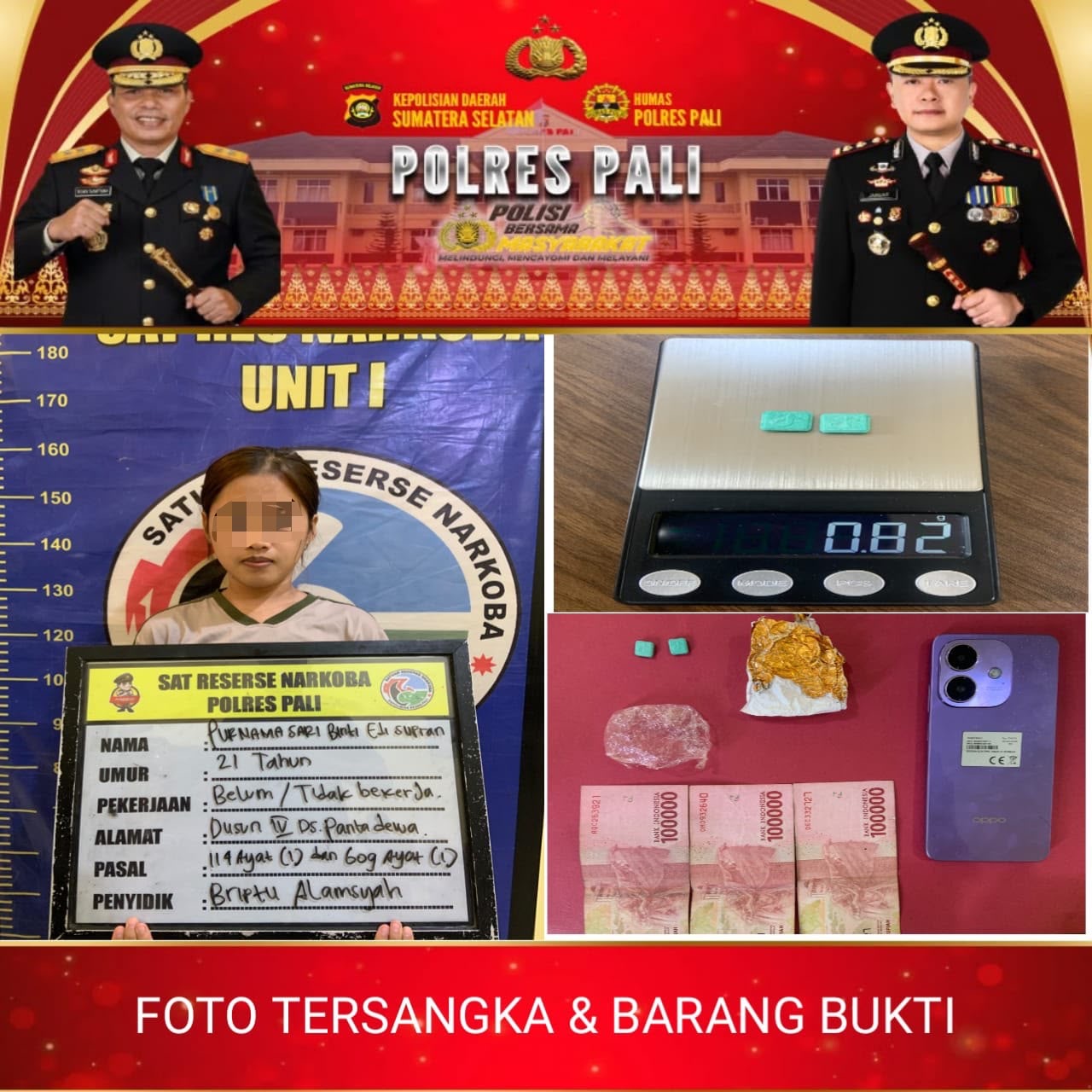 Satresnarkoba Polres PALI Amankan Perempuan di Pengabuan, Dua Pil Diduga Ekstasi Disita
