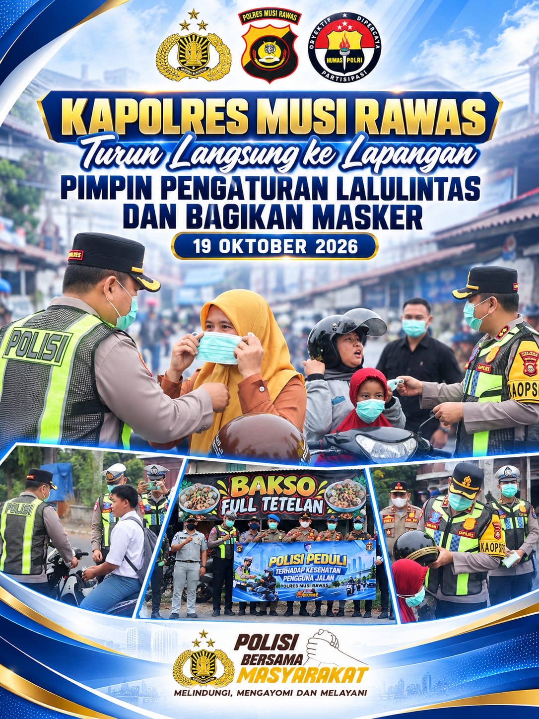 Berikan Rasa Aman dan Nyaman, Kapolres Musi Rawas Terjun Langsung Pimpin Pengaturan Lalu Lintas Pagi dan Bagikan Masker