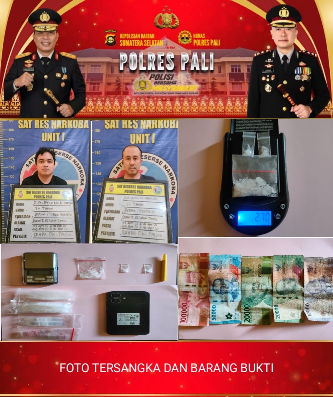 Satresnarkoba Polres PALI Amankan Dua Pria di Lubuk Tampui, Sita Sabu Seberat 2,70 Gram