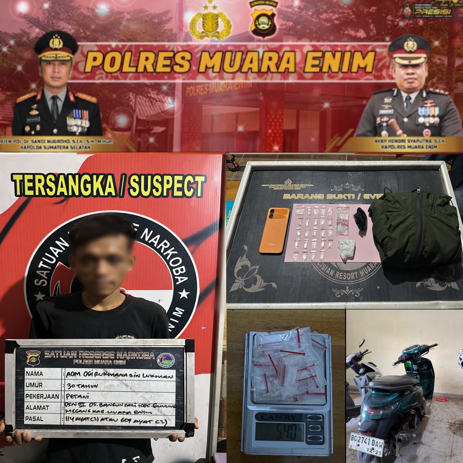 Satresnarkoba Polres Muara Enim Bekuk Pengedar Sabu Berinisial AOR, Puluhan Paket Siap Edar Disita