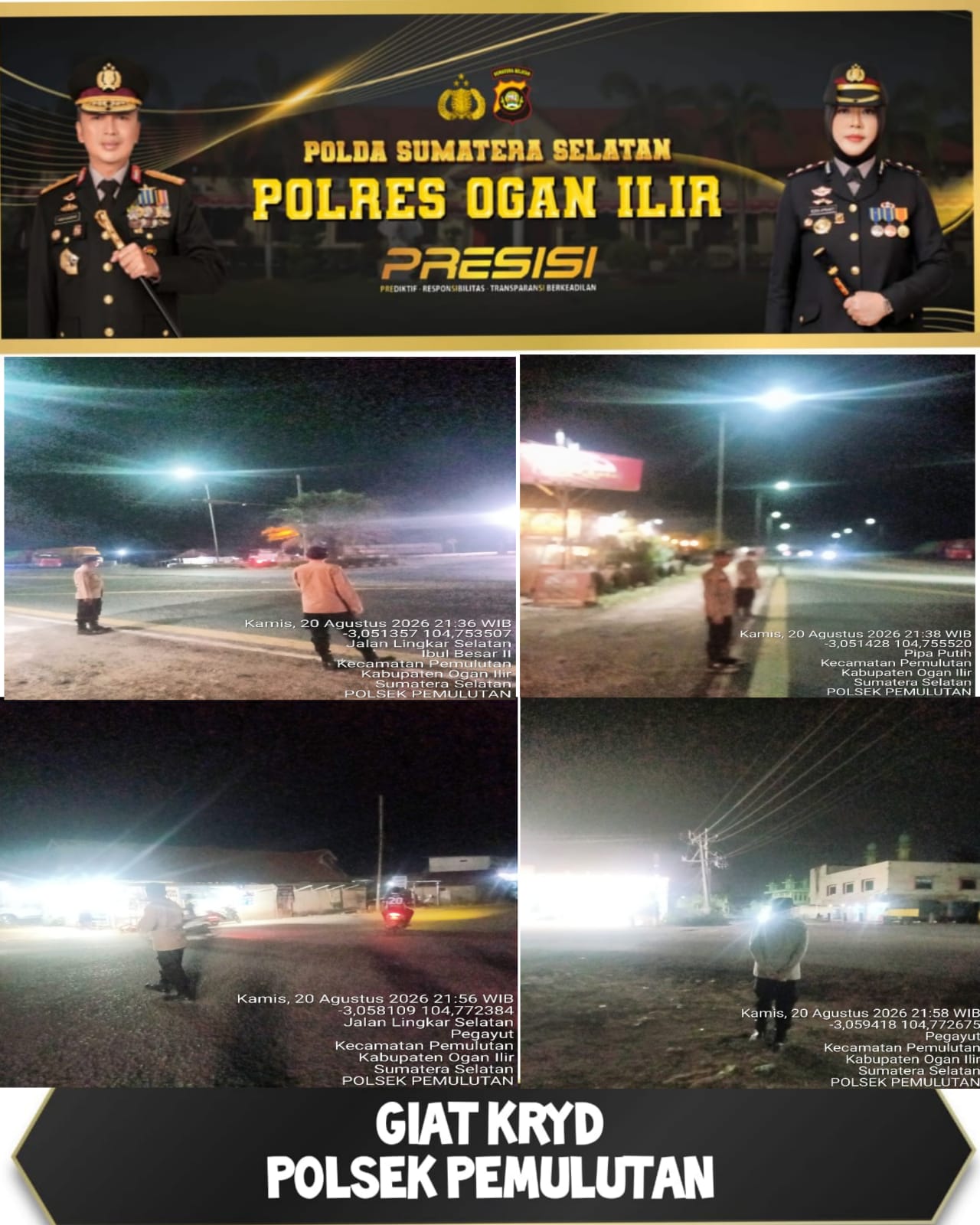 Cegah aksi kriminal dan Gangguan Kamtibmas, Polsek Pemulutan Gelar patrolinya di Titik Rawan