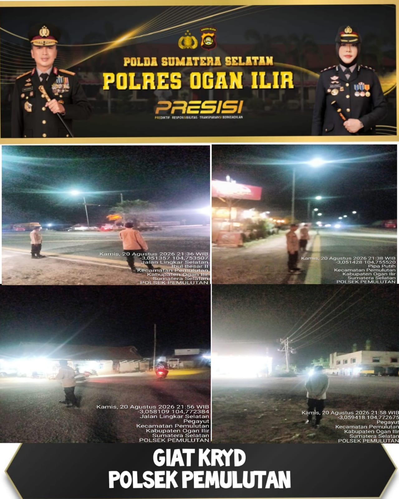 Cegah aksi kriminal dan Gangguan Kamtibmas, Polsek Pemulutan Gelar patrolinya di Titik Rawan