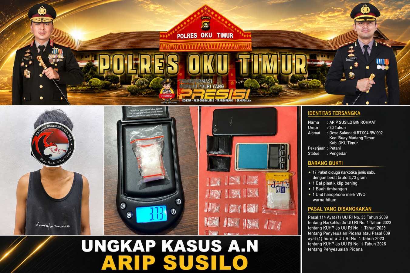 Satres Narkoba Polres OKU Timur Amankan 17 Paket Sabu di Buay Madang Timur